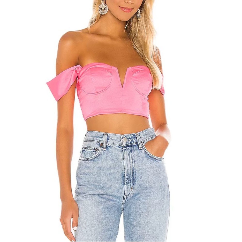 Revolve Superdown Pink Satin Off-Shoulder Crop Top